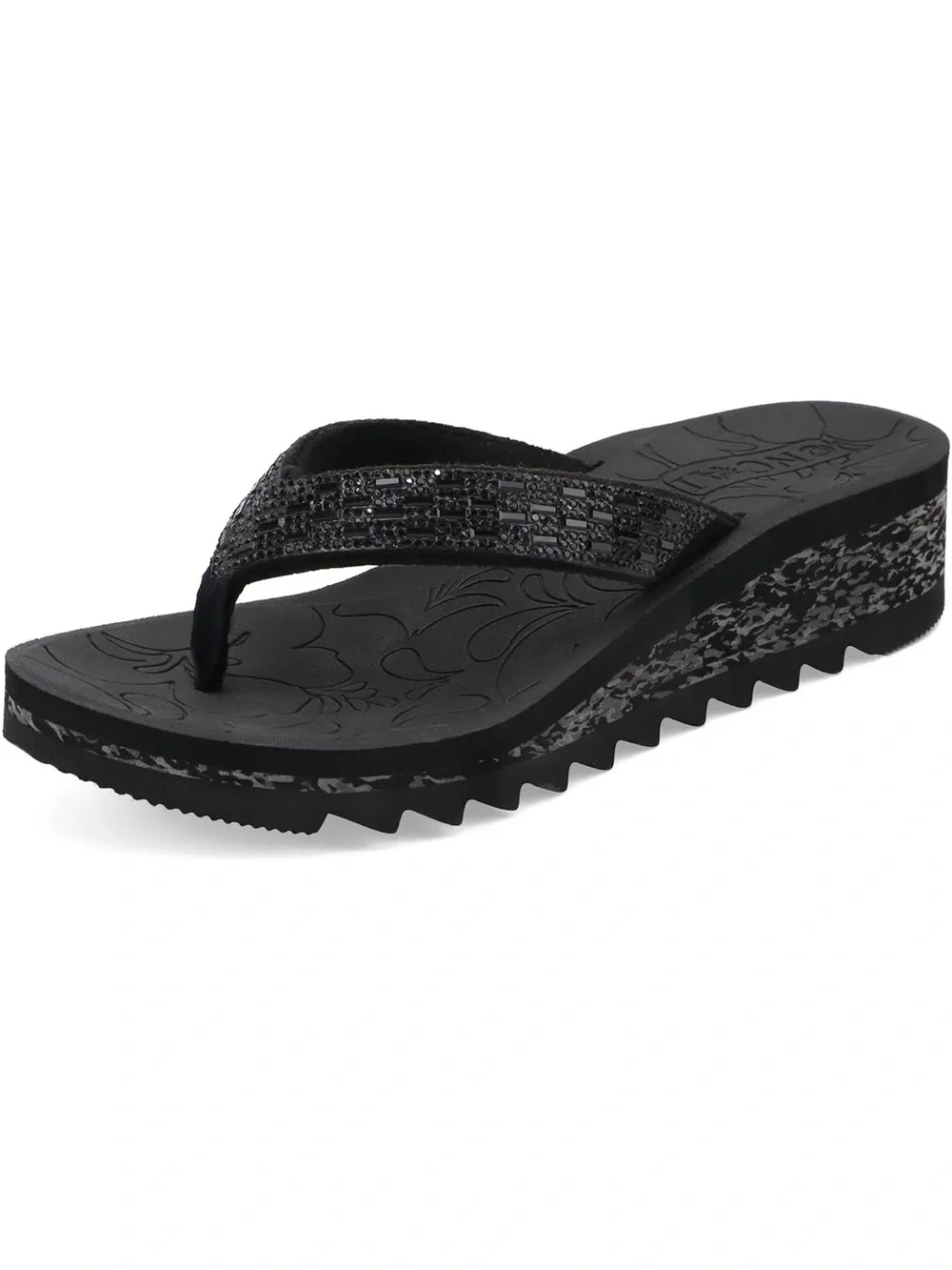 Oncai Black Wedge Rhinestone Flip Flop Sandals